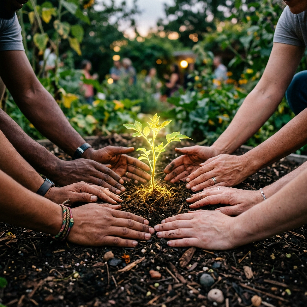 Multiple hands cupping soil around a glowing young plant in a garden